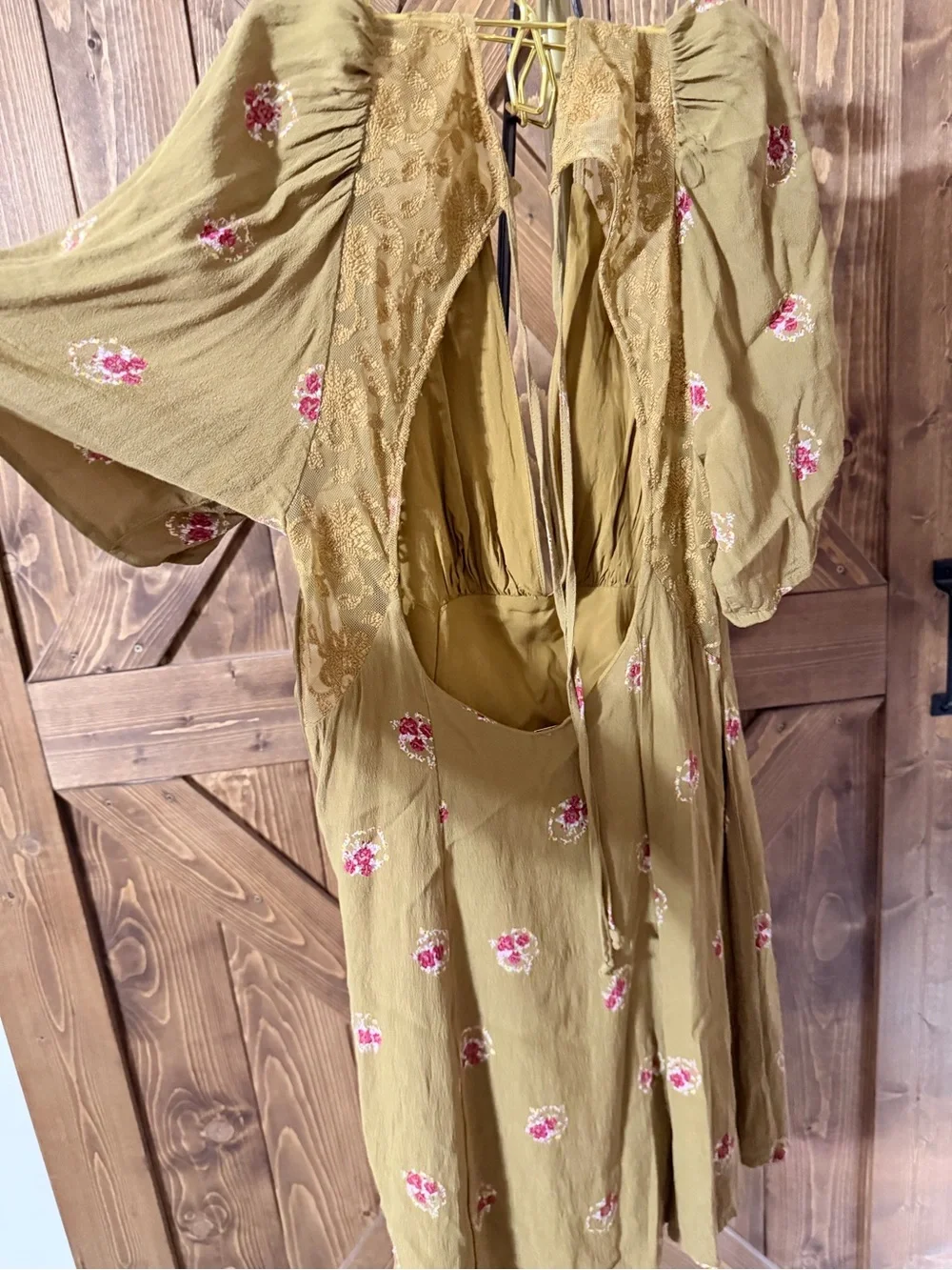 Free People mocking Bird Olive Green Mini Dress with Pink Floral Embroidery